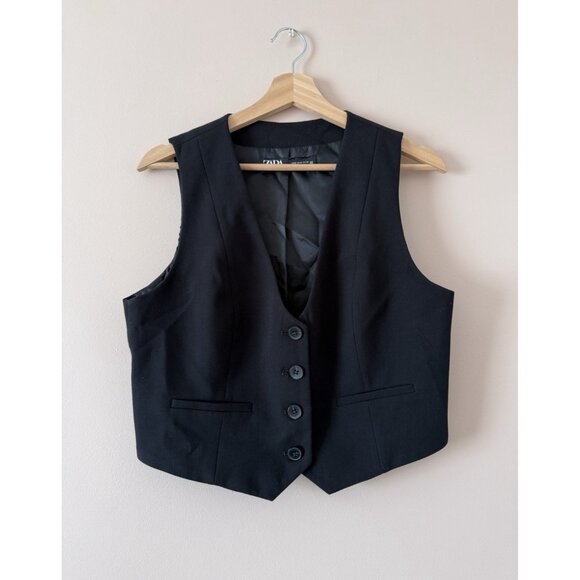Zara Black Tailored V-neck Button Down Sleeveless Tuxedo Vest Academia Preppy M - Picture 1 of 7